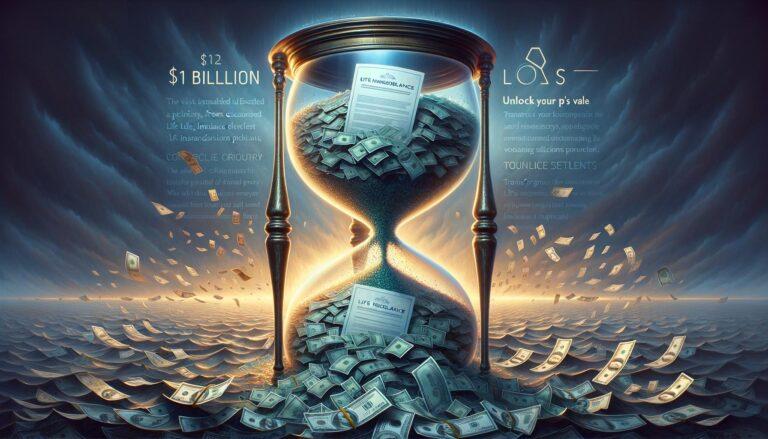 Hourglass with money spilling to symbolize $112 billion lost from lapsed policies, urging to unlock policy value.