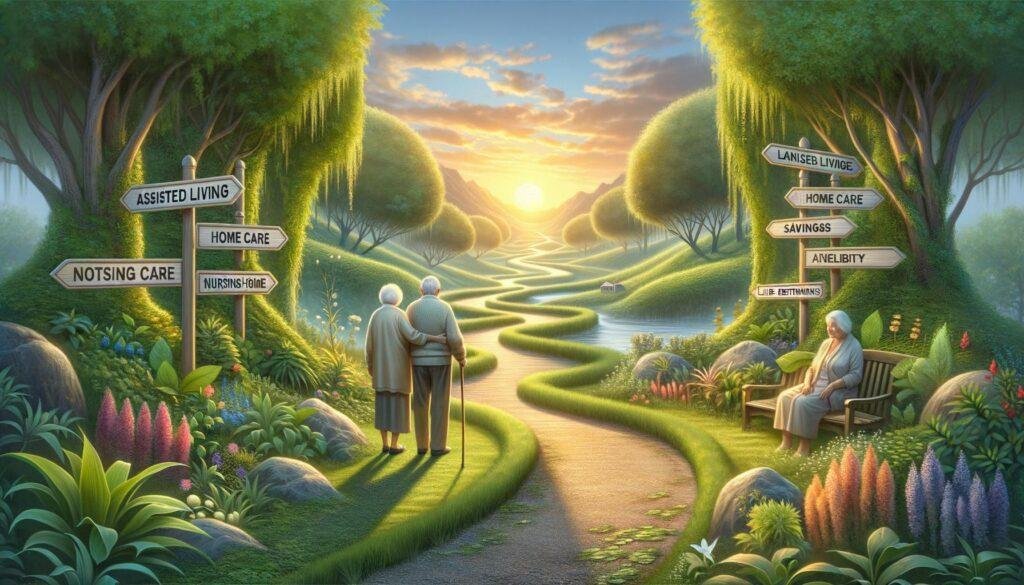 Elderly couple planning for long-term healthcare on a path with signposts for care options and financial resources.