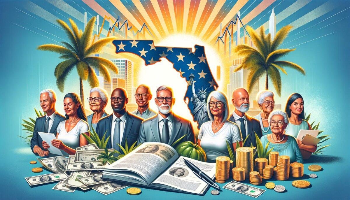 Banner depicting Florida's new life insurance law, featuring a map of Florida, life insurance documents, and relieved, financ