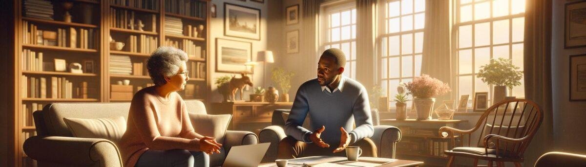 Couple reviewing financial documents in a cozy living room, representing trust and transparency in making life settlement dec