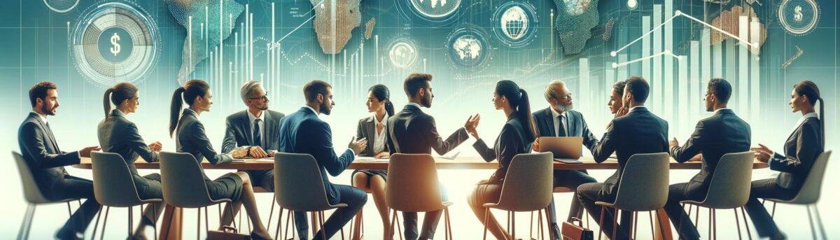 Professional financial advisors discussing life settlement strategies with clients, highlighting global buyer access and pers