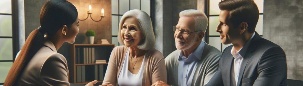 Senior couple consulting with a financial advisor in a modern office, discussing Retained Death Benefit life settlements and